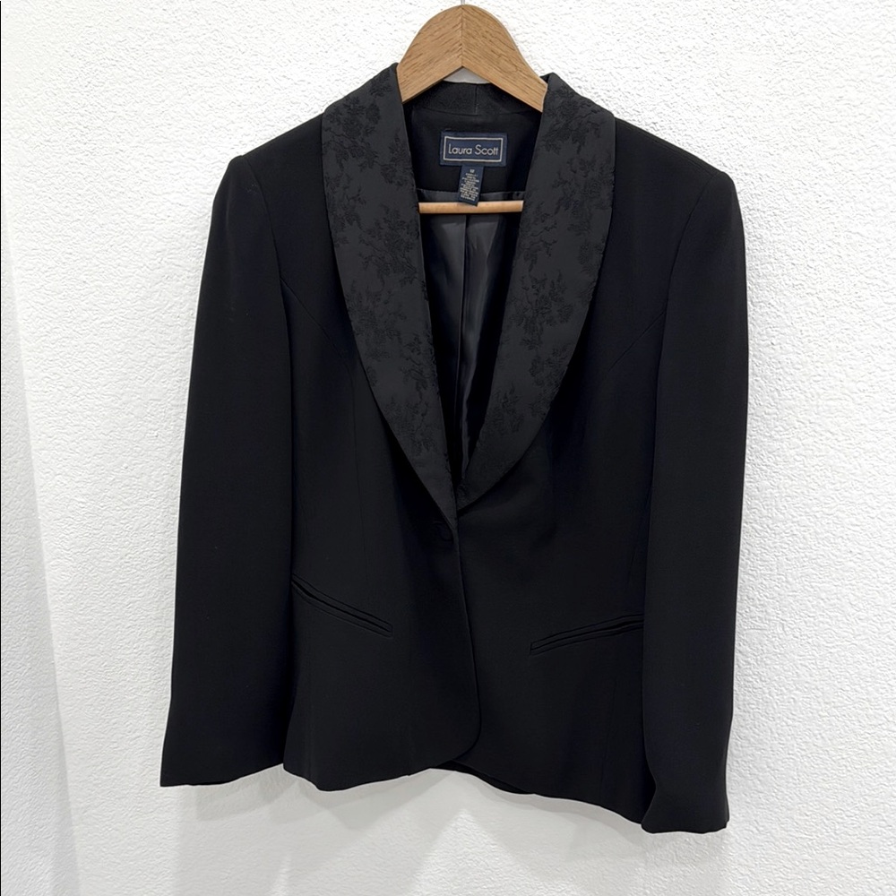 Laura Scott Black Blazer with Satin Floral Lapel